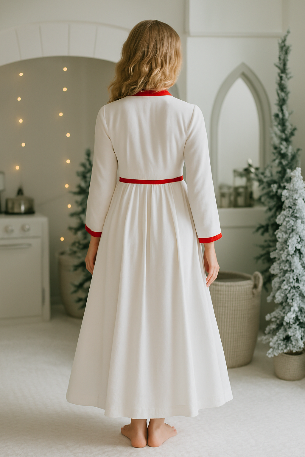 Woman wearing long white holiday nightgown with red trim, tie waist, and buttons, holding a teacup and smiling in a cozy morning setting, perfect for Christmas sleepwear.
White women's nightgown with red piping and buttons, styled with pockets and a tie waist, perfect for winter lounging, Christmas morning, or cozy holiday gift giving.
Adult holiday sleepwear for women featuring red contrast trim, full length, and soft knit fabric, styled with coffee cup in a warm, elegant home setting.