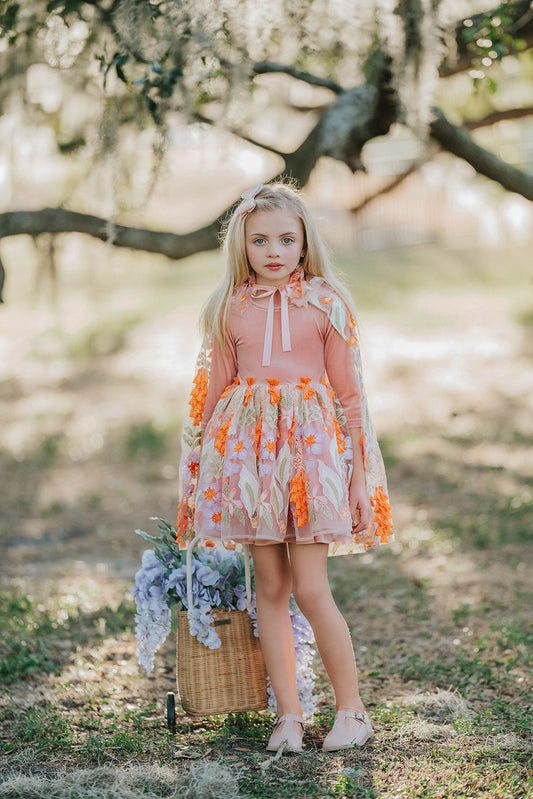 Fairy tutu dress for girls with floral embroidered cape – soft peach and orange fall costume for imaginative play and twirling fun