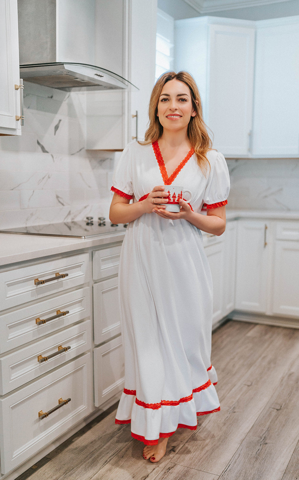 Limited Release: The Audrey Night Gown in White with Red