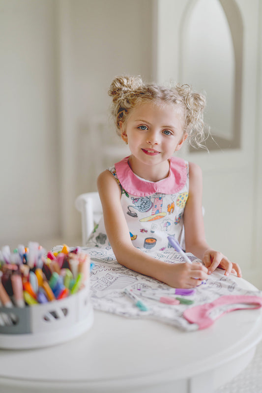 White twirl dress for girls with printed outlines for coloring and customization
Keywords: custom dress for kids to color, color-in kids dress