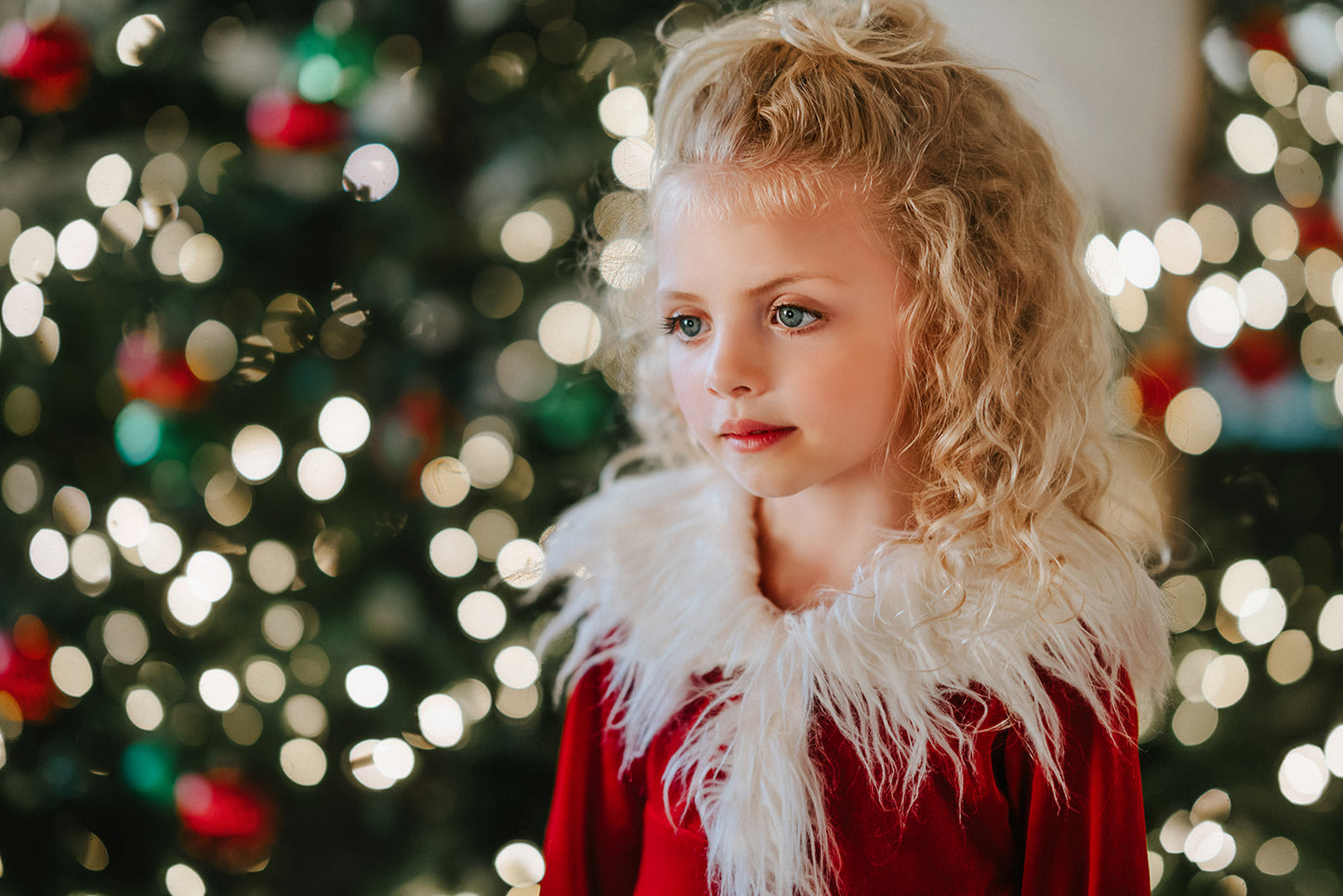 A young girl stands at a Christmas tree in the Martha Stanta Dress. This dress is a true red soft crushed velvet. The collar, front, cuffs and hem are lined with a white fluffy fur. There is a black belt with silver buckle at the waist.
