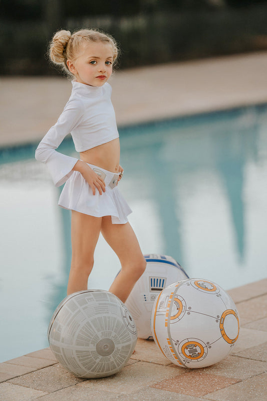Star Wars-inspired toddler swimsuit set with shiny galactic belt and long sleeves for sun-safe swimwear and imaginative play
Space princess costume swim set with crop rash guard top and skirted bottom featuring iridescent belt detail for girls
Galactic girl swim outfit with long sleeves and futuristic belt, perfect for sci-fi beach parties, pool days, or costume fun