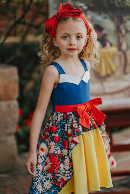 Snow White dimensional floral twirl dress
girls Snow White twirl dress
custom floral print dress girls
boutique princess dress for girls
cotton twirl dress with bow
Only Little Once Snow White dress