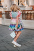 Only Little Once Electric Dance Party Dress – rainbow dance costume featuring shimmering metallic fabric, flutter sleeves and full skirt for twirl play
Key phrases: Only Little Once dress, dance costume