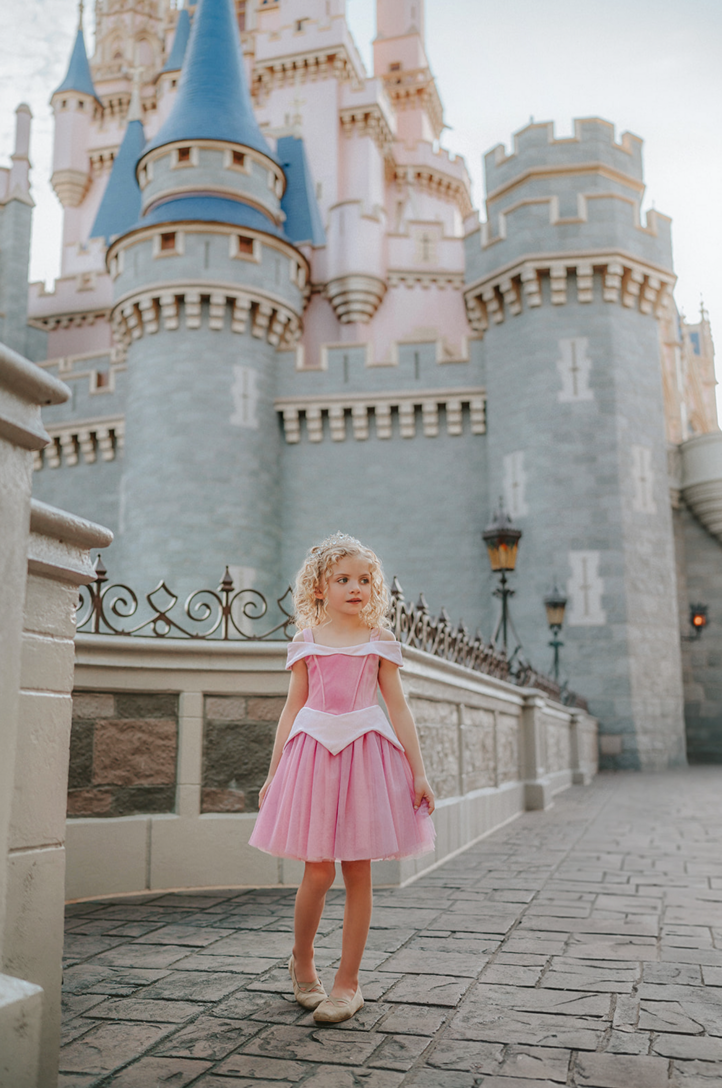 A young girl in an exquisite Portrait Petite Sleeping Beauty twirl length gown poses in a castle setting. The pink stretch velvet gown has an off the shoulder neckline with two straps. The pink tulle skirt is full and has a cotton liner for comfort.