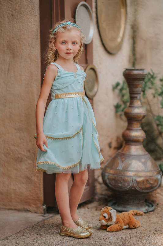 A young girl wears a light mint colored twirl length gown. The chiffon bodice has pearls adorned on it with a gold lace trim and waist. The layers of chiffon and tulle on the skirt have gold lace trim and pearls. This dress is stunning and will make any little one feel like an Arabian Princess.