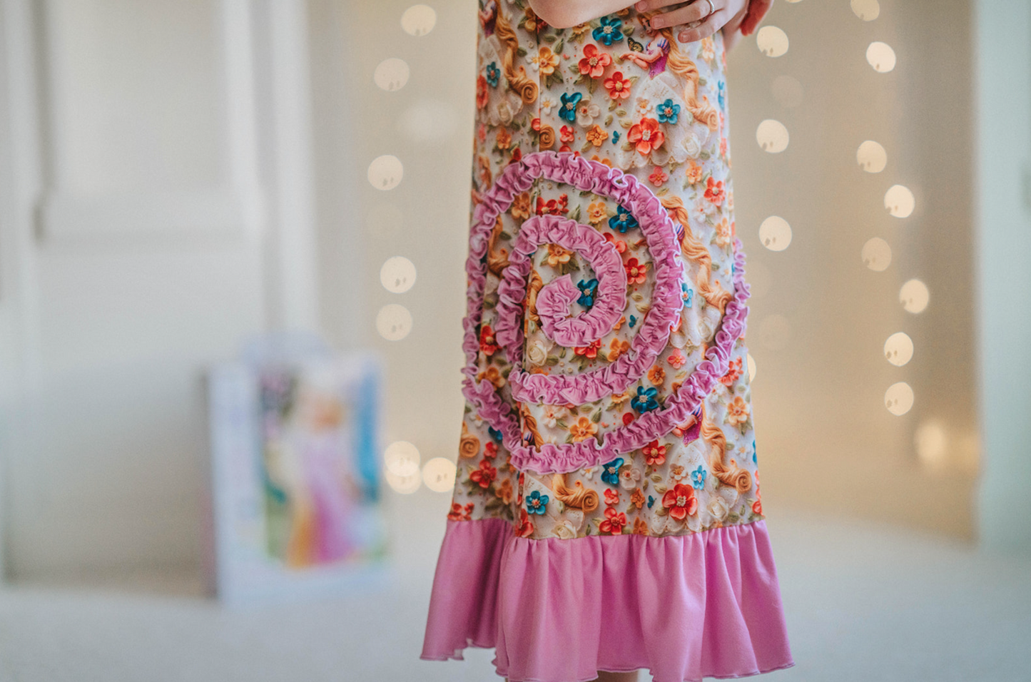 Princess Rapunzel girls nightgown. Purple ruffles, buttery soft fabric. Flowers and rapunzel graphics.