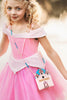 Hand-beaded pink castle purse with heart-shaped door and gold accents, ideal accessory for princess dress-up or gifting