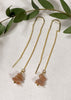 Golden Threader Earrings with 3 polished Rose colored gems that dangle from the bottom.