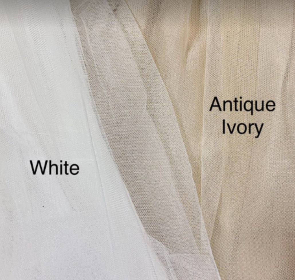 Fabric swatch. White on the left. Antique ivory on the right.