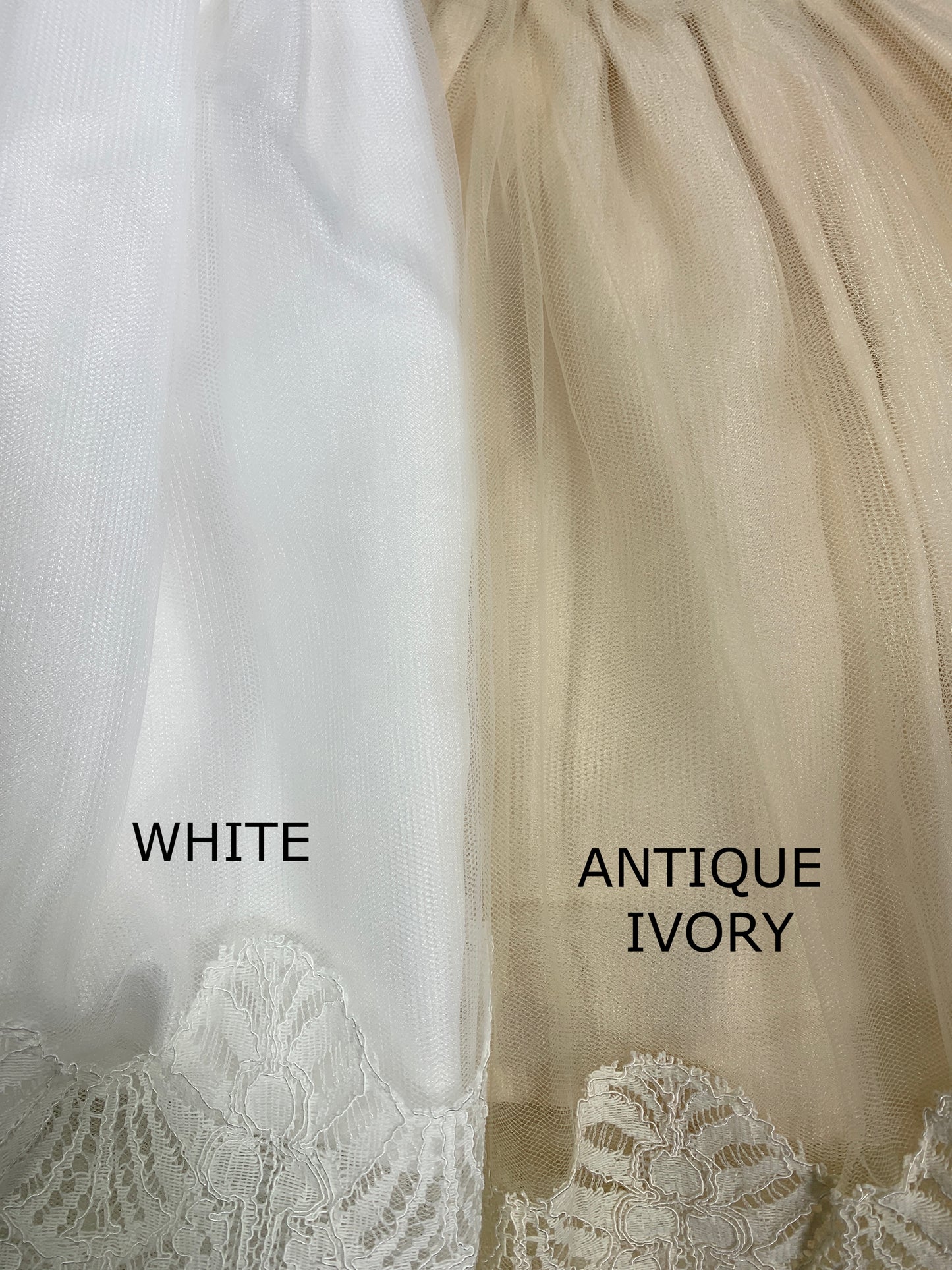 A young girl is wearing a Victorian Day Gown in Ivory. The dress has elegant lace sleeves and lace victorian collar. A sheer white layer adds softness and flows into a wide lace hem below the knee.