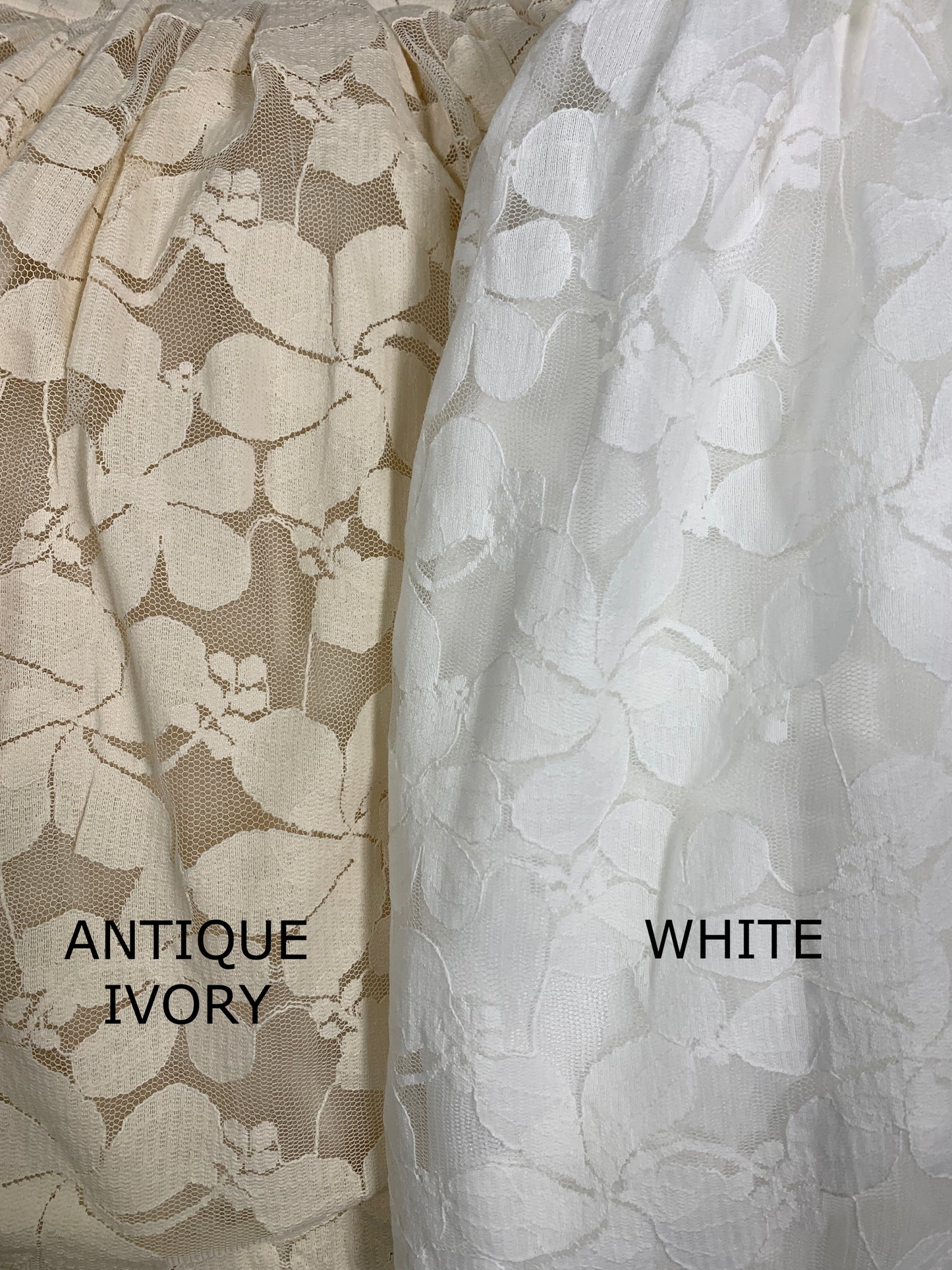 A photo showing the fabric colors. On the left antique ivory. On the right, White.