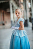A young girl stands in a light blue gown. The chiffon puff sleeves lead into a light blue lace bodice. There is a small chiffon bustle ruffle over a stretch velour skirt. The skirt is lined with tulle and cotton for fullness.