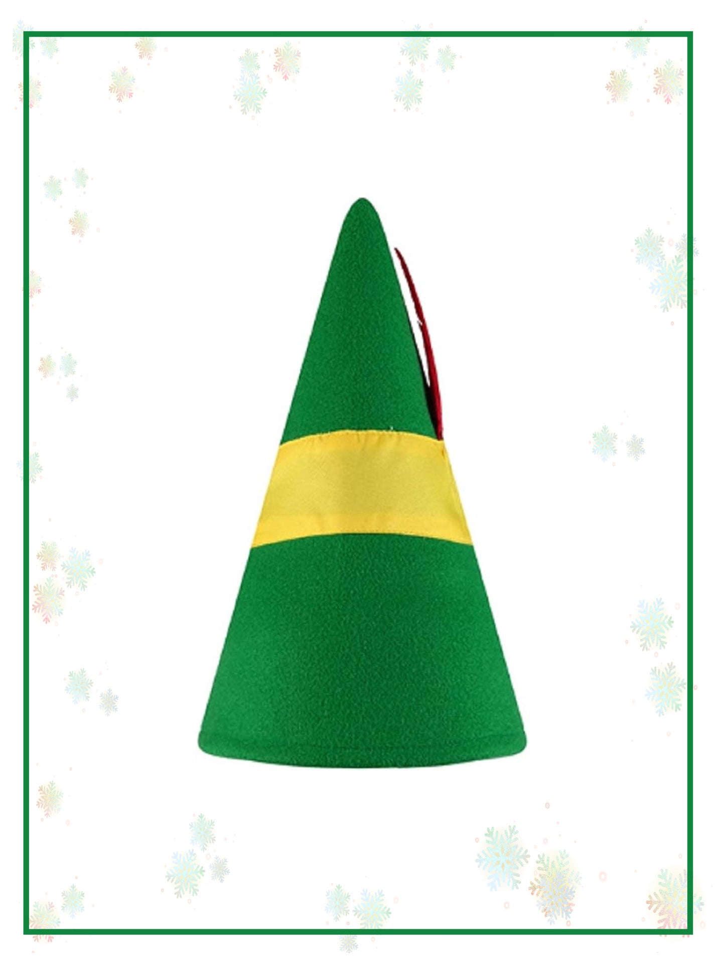 A green cone shaped hat like an elf or gnome would wear.  The bright green has a yellow band in the center with a red feather. 