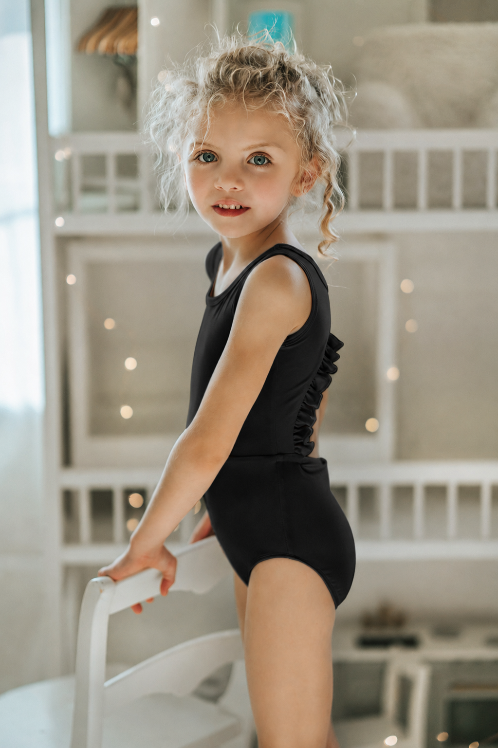 Ruffle Back Leotard in Classic Black
