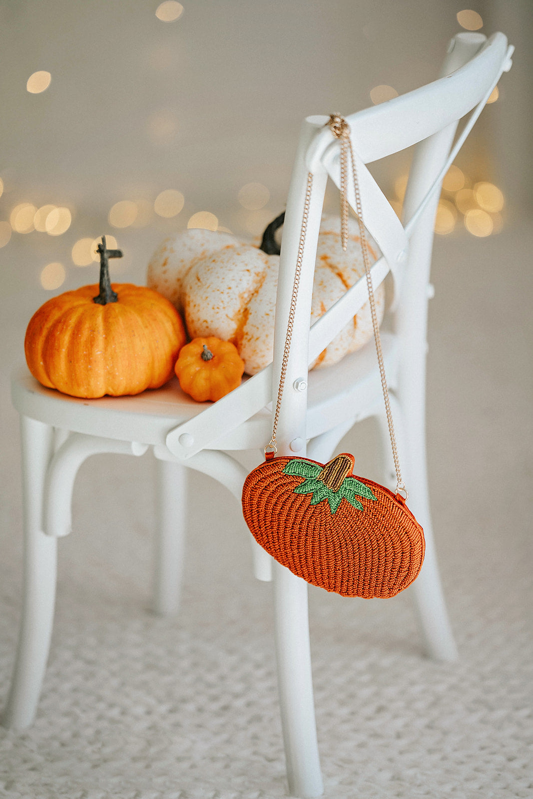Orange beaded pumpkin purse for girls or women, featuring green stem and chain strap, styled for autumn, Halloween, or pumpkin patch season accessories.

Pumpkin handbag with intricate beadwork and leaf detailing, hanging on a chair with festive pumpkins, styled as a fall accessory or Halloween purse.

Seasonal pumpkin-shaped clutch with detailed beading and gold shoulder strap, perfect for autumn photos, trick-or-treat outfits, or Thanksgiving fashion.