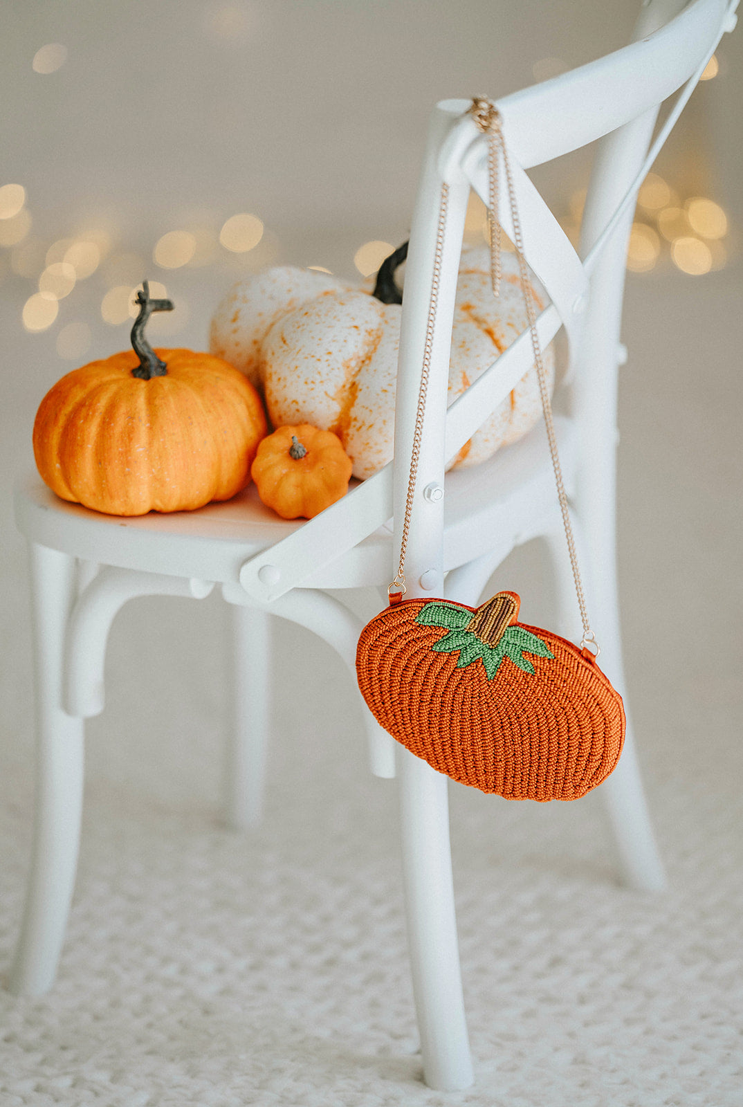 Orange beaded pumpkin purse for girls or women, featuring green stem and chain strap, styled for autumn, Halloween, or pumpkin patch season accessories.

Pumpkin handbag with intricate beadwork and leaf detailing, hanging on a chair with festive pumpkins, styled as a fall accessory or Halloween purse.

Seasonal pumpkin-shaped clutch with detailed beading and gold shoulder strap, perfect for autumn photos, trick-or-treat outfits, or Thanksgiving fashion.