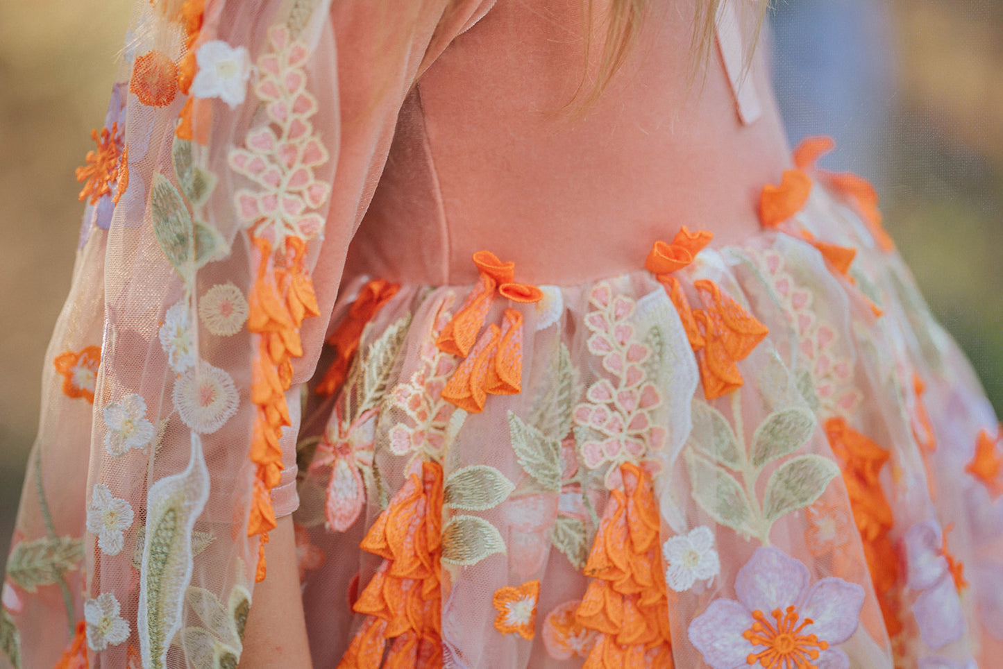 Fairy tutu dress for girls with floral embroidered cape – soft peach and orange fall costume for imaginative play and twirling fun