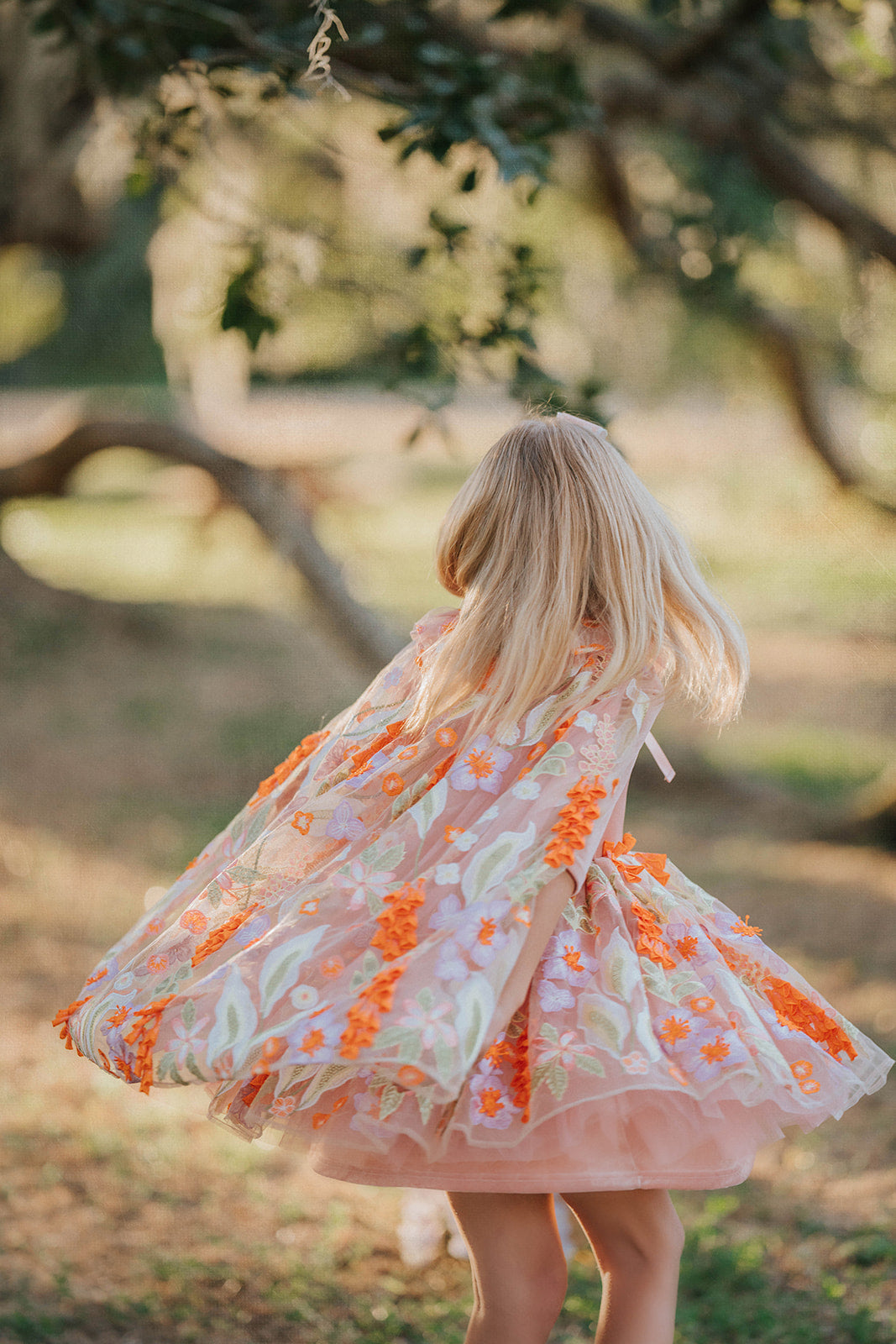 Fairy tutu dress for girls with floral embroidered cape – soft peach and orange fall costume for imaginative play and twirling fun