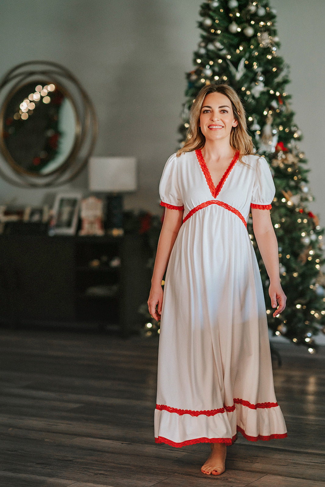 Limited Release: The Audrey Night Gown in White with Red