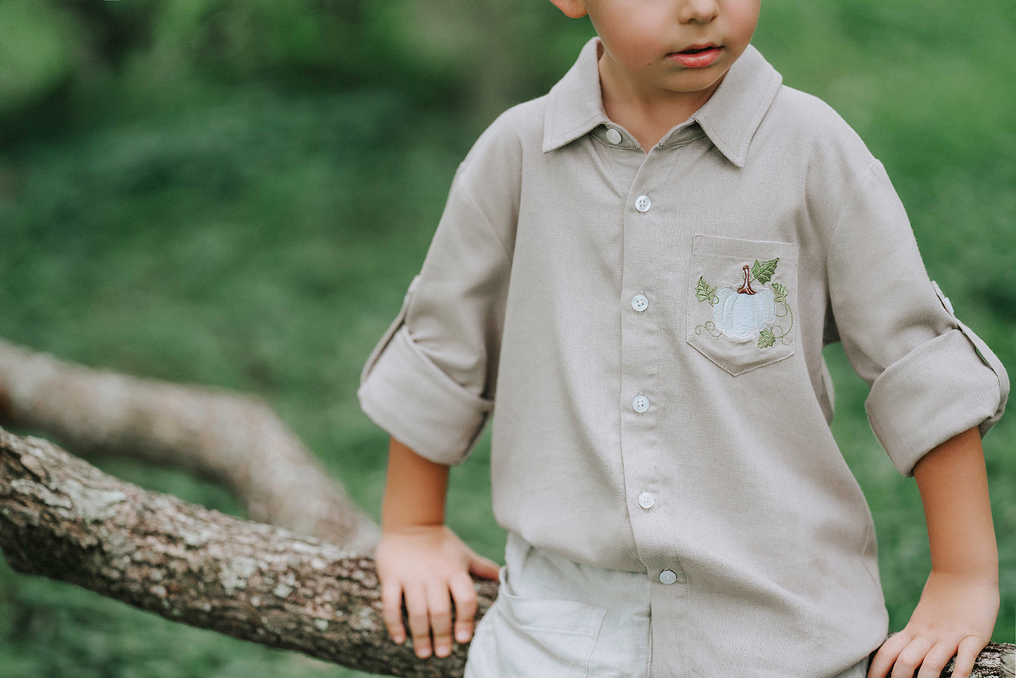 Boys beige button-up shirt with embroidered white pumpkin on chest pocket, hanging on vintage carved mirror for fall or Thanksgiving

Neutral boys fall shirt with embroidered pumpkin on pocket, styled for autumn photos, Thanksgiving, or sibling matching sets

Classic boys button-down shirt in light tan with embroidered blue pumpkin, perfect for harvest season or family portraits

Fall button-up shirt for toddlers and boys with embroidered pumpkin pocket detail, styled for Thanksgiving and heirloom outfits

