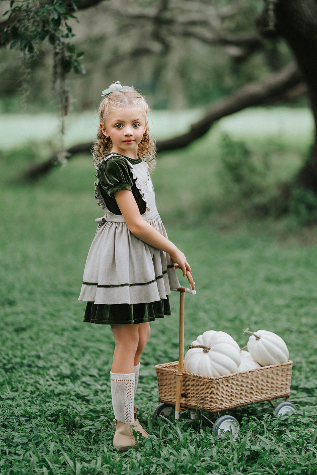 Harvest Pinafore and Green Velvet Dress 2-Green Velvet Dress (only)