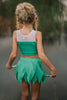 Young girl dressed in green two-piece leaf fairy costume, ideal for Halloween, themed birthdays, or magical dress-up play