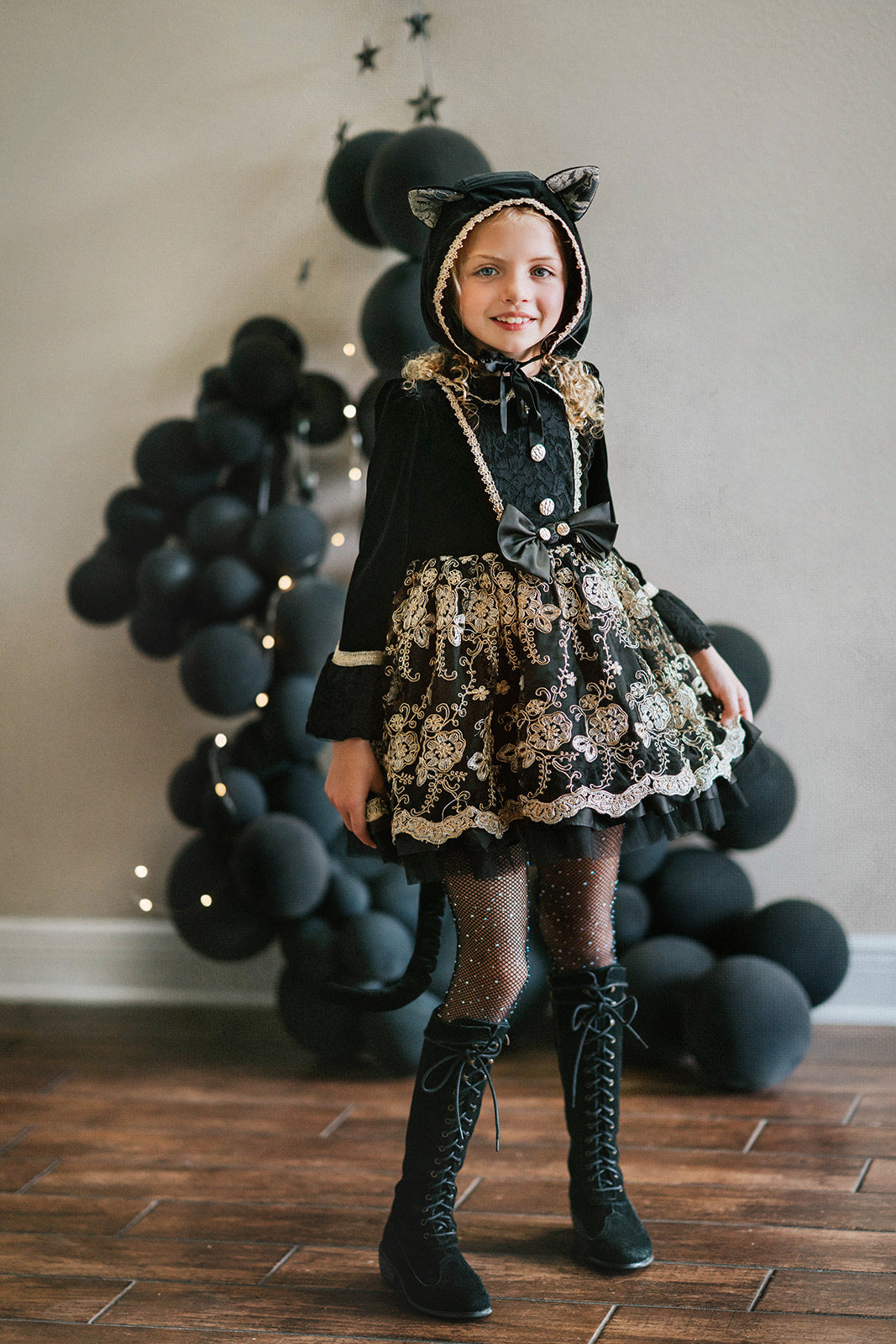 black velvet dress with gold Elegant Black Velvet Dress with Gold Accents Black / S