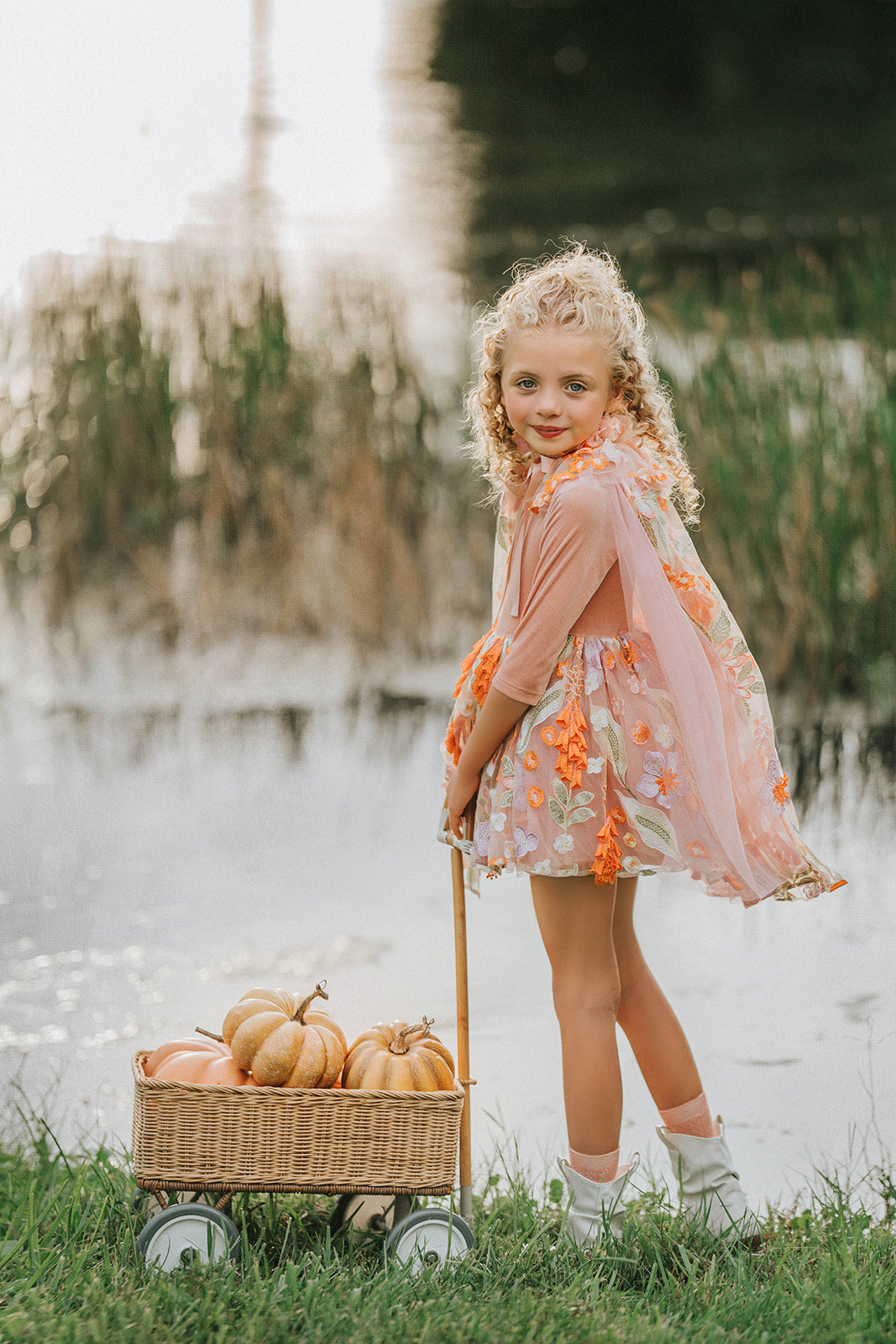 Princess costume for kids with delicate floral embroidery, pastel tutu skirt, and cape – magical fall outfit for pretend play