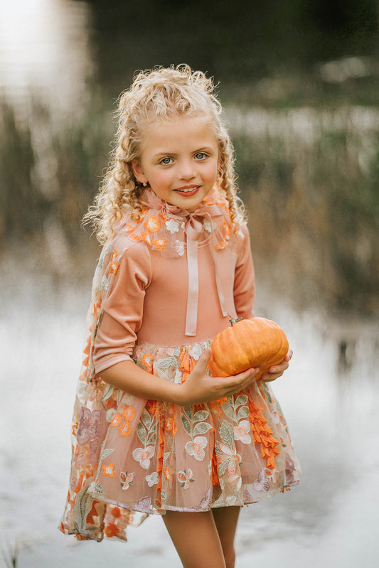 Fairy tutu dress for girls with floral embroidered cape – soft peach and orange fall costume for imaginative play and twirling fun
