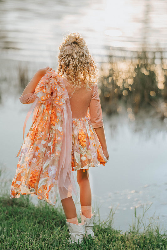 Fairy tutu dress for girls with floral embroidered cape – soft peach and orange fall costume for imaginative play and twirling fun