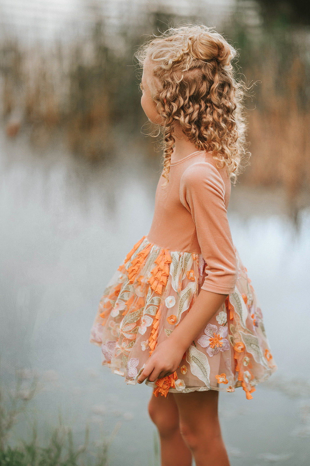 Fairy tutu dress for girls with floral embroidered cape – soft peach and orange fall costume for imaginative play and twirling fun