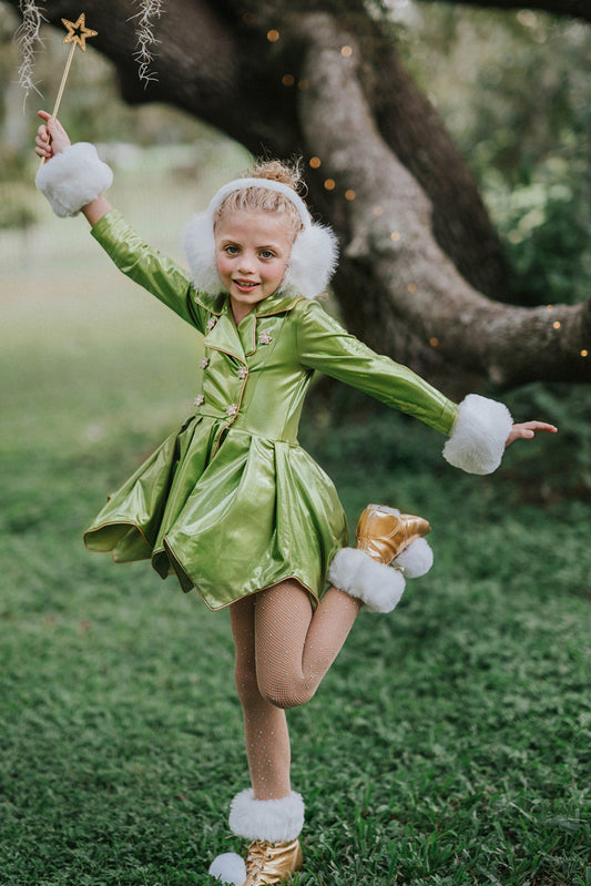 Girls metallic green coat dress with jeweled buttons and gold trim, displayed on mannequin against white brick wall

Shiny green holiday dress for girls with flared skirt, lapel collar, and crystal floral buttons, perfect for Christmas or pageants

Tinkerbell-inspired metallic green coat-style dress for girls, featuring pleated skirt and jeweled embellishments