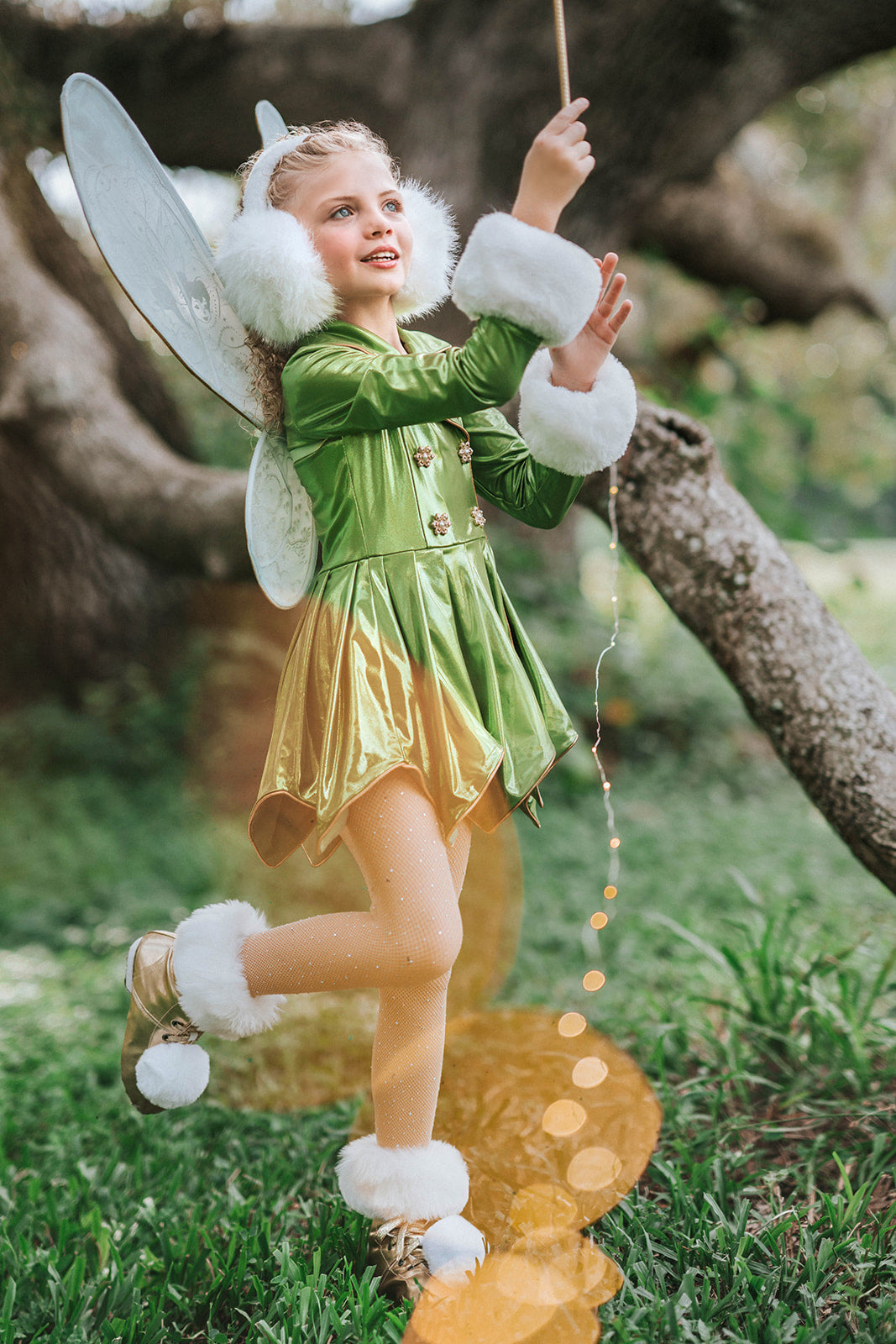 Tinkerbell-inspired metallic green coat-style dress for girls, featuring pleated skirt and jeweled embellishments

Emerald green girls dress with long sleeves and coat silhouette, styled with gold piping and crystal button accents

Formal holiday girls jacket dress in bright green metallic fabric, perfect for stagewear, fairytale parties, or winter events