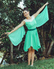 Woman wearing adult Tinkerbell-inspired green fairy dress with flowing winged sleeves, standing outdoors with arms outstretched

Adult green fairy costume dress with white neckline, flowy wing sleeves, and flared skirt, styled in a magical outdoor setting

Green fairy cosplay dress for women featuring chiffon-style wings and fantasy-inspired silhouette, perfect for Tinkerbell look