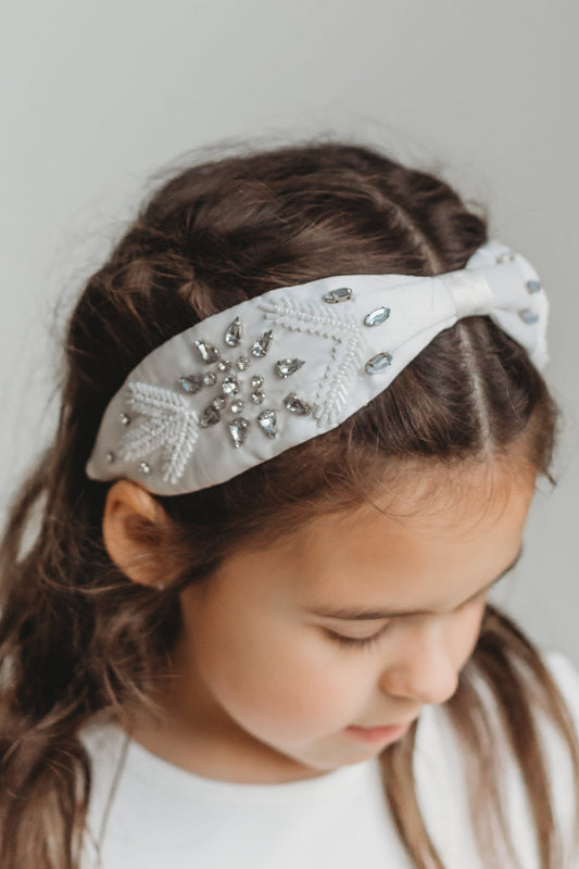 The Ice Princess Rhinestone Headband is white satin with crystal rhinestone accents in snowflake patterns.  There are white beads in patterns on both sides. This hair accessory is designed for all day wear. 