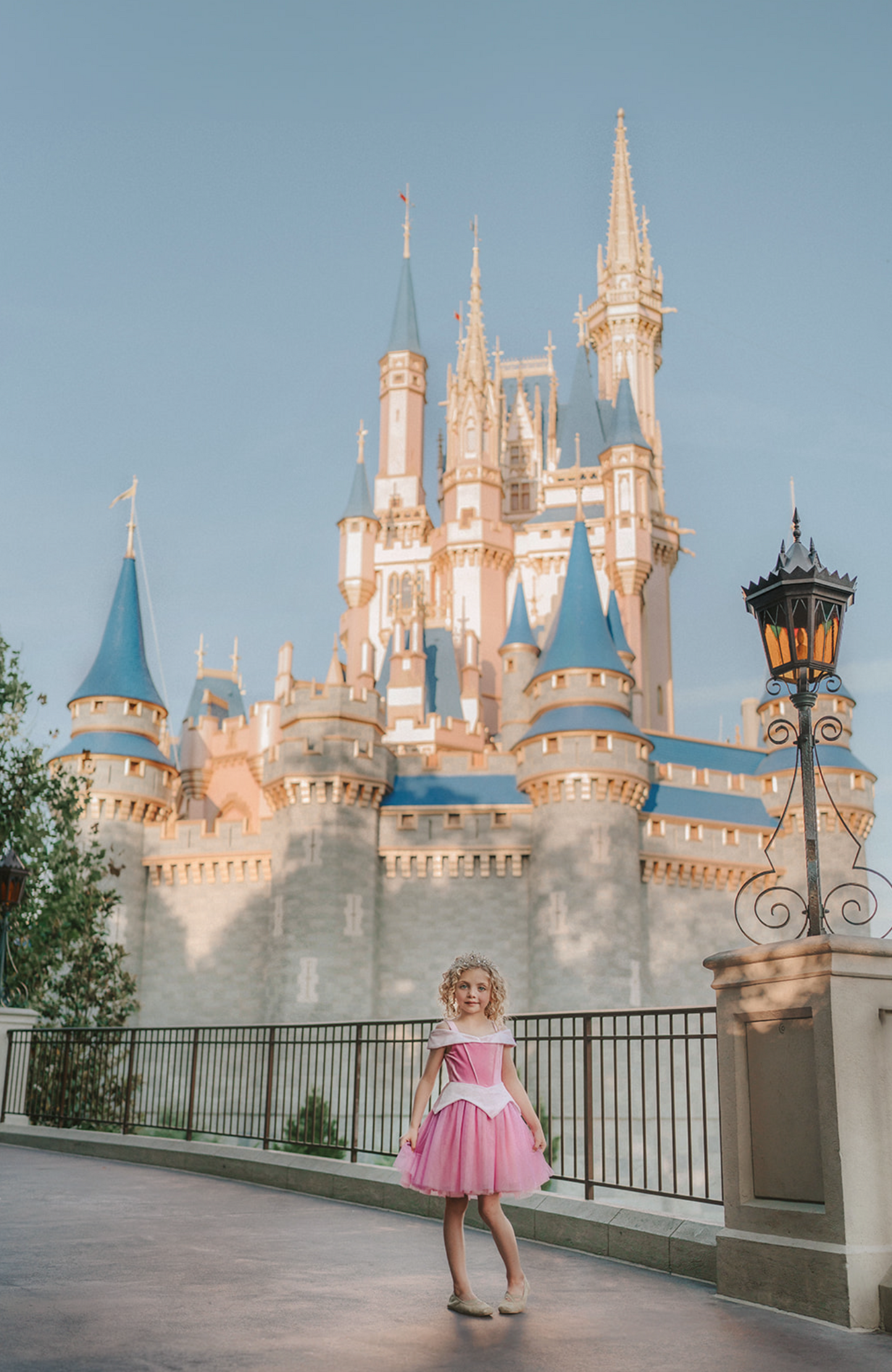 A young girl in an exquisite Portrait Petite Sleeping Beauty twirl length gown poses in a castle setting.  The pink stretch velvet gown has an off the shoulder neckline with two straps.   The pink tulle skirt is full and has a cotton liner for comfort.