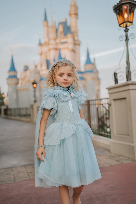 A young girl stands in a light blue gown.  The chiffon puff sleeves lead into a light blue lace bodice.  There is a small chiffon bustle ruffle over a tulle skirt.  The skirt is lined with tulle and cotton for fullness. 