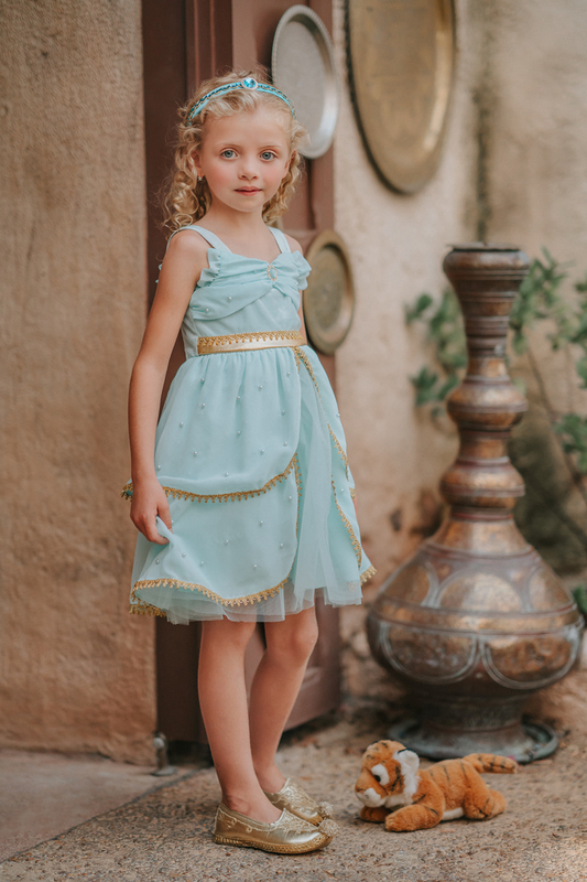 A young girl wears a light mint colored twirl length gown.  The chiffon bodice has pearls adorned on it with a gold lace trim and waist.  The layers of chiffon and tulle on the skirt have gold lace trim and pearls.  This dress is stunning and will make any little one feel like an Arabian Princess. 