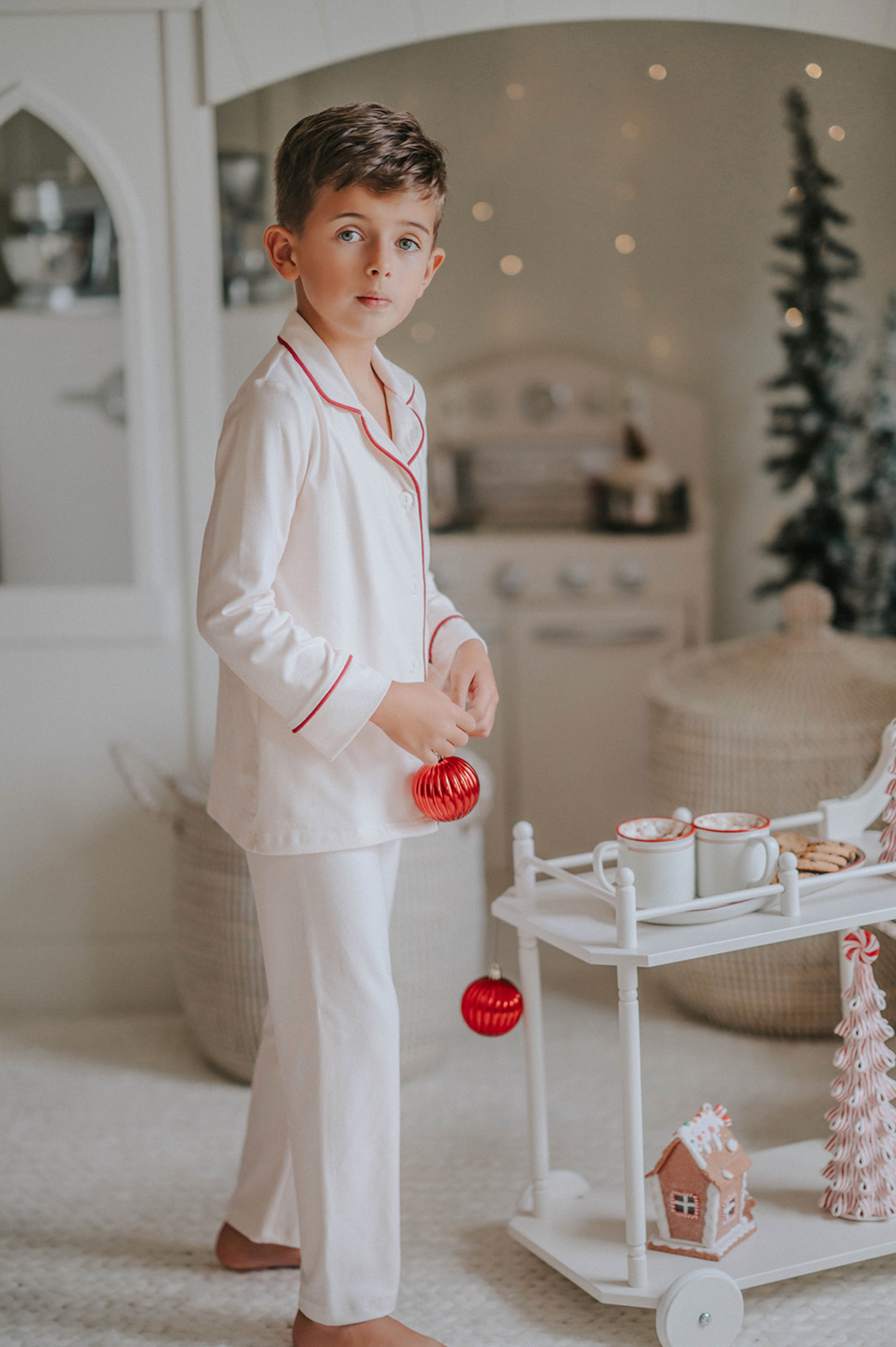 Unisex Pj's in Ivory Bisque with Maroon Trim