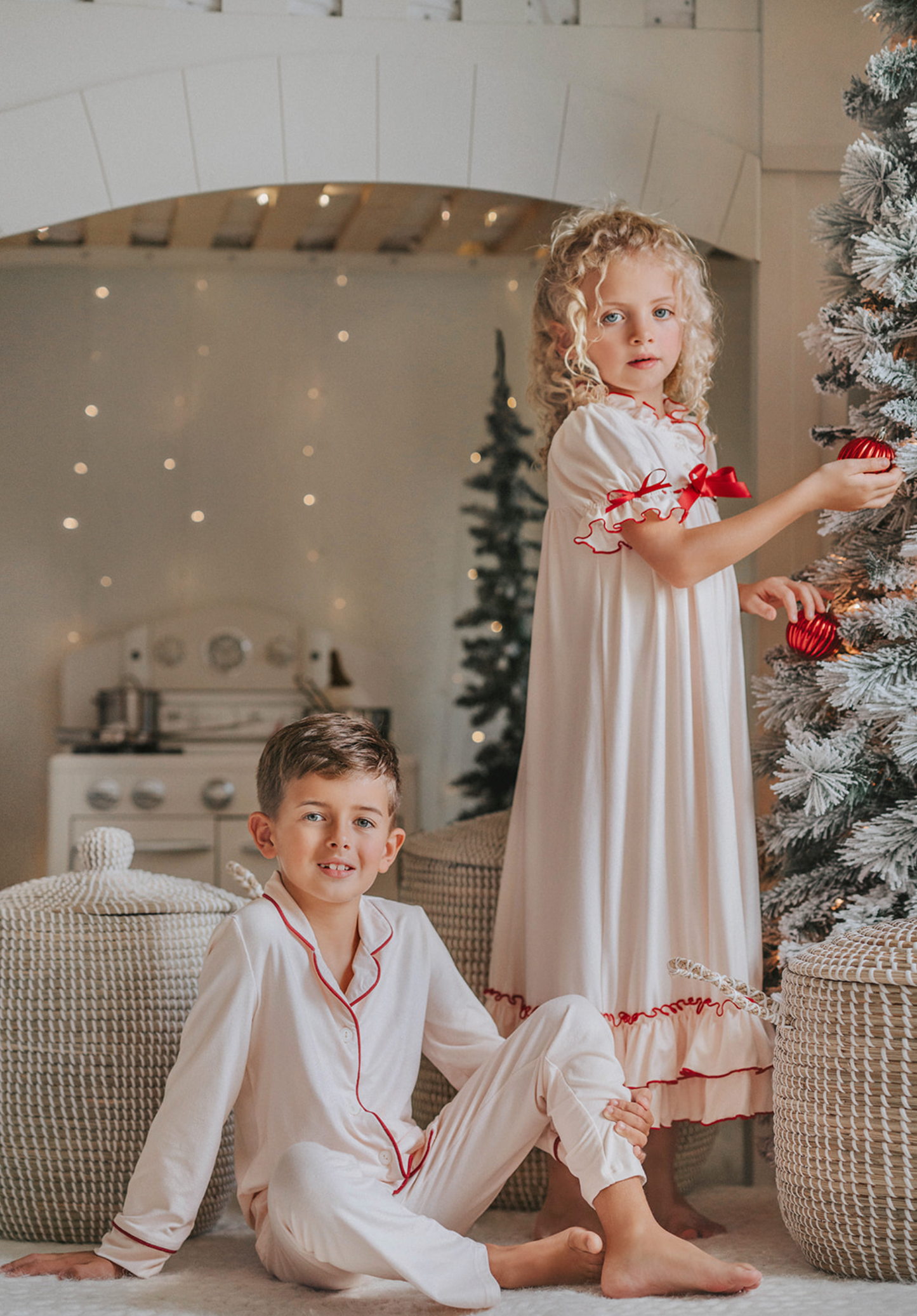 The Original Clara Gown in Ivory Bisque with Maroon Trim