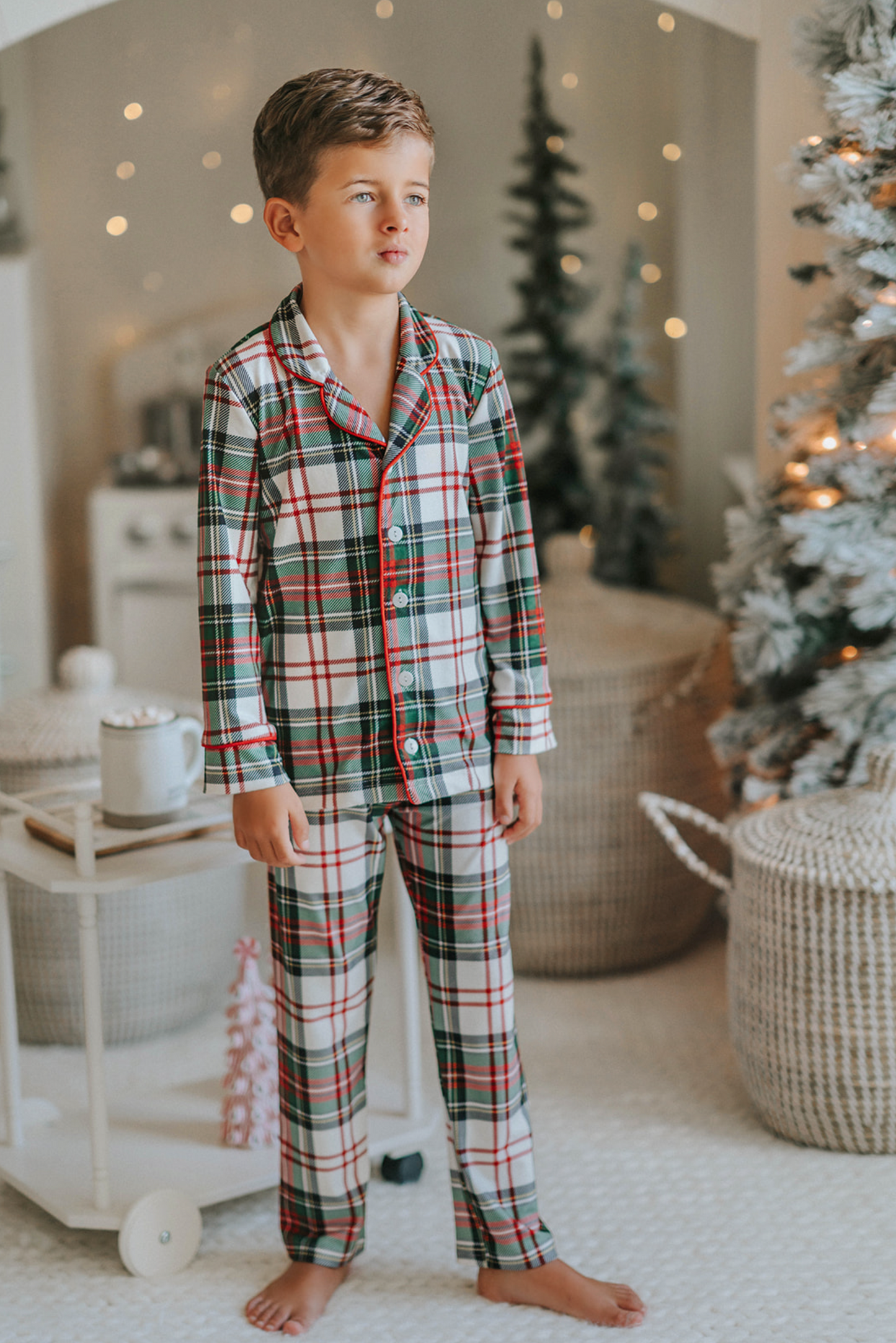 Ivory plaid two-piece pajamas with red piping