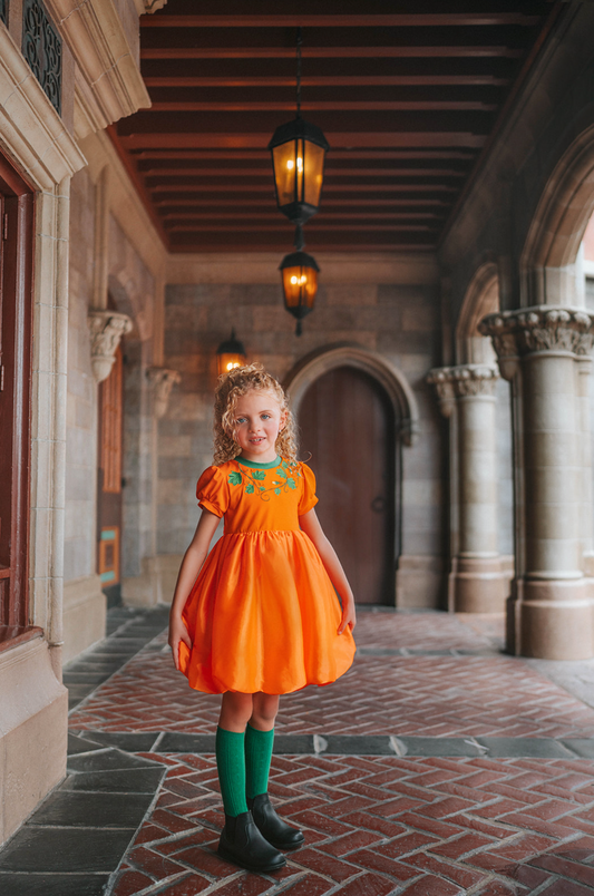 A young girl wears a bright orange bubble dress.  The orange dress has puff sleeves and a leaf green trim neckline.  There are embroidered leaves and vines across the chest.  The bubble skirt has a little pouf and fluff. 