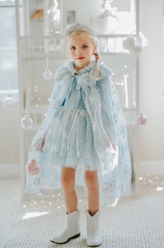 A young girl is wearing a light blue tutu dress. The velvet bodice has short sleeves.  The skirt has sparkling blue sequin accents shaped like snowflakes and falling snow.  There are light blue layers of tule giving a full tutu look. 