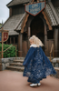 A young girl is wearing a navy blue velvet gown is adorned with diamond shape crystal gems of various sizes.  There is a small lavender triangle near the neck. She has on a navy blue chiffon cape with white faux fur trim on the collar. There is a snow flake design on the back of the cape.