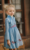 A young girl is wearing a beautiful blue velvet dress.  There is white faux fur trim on the collar and attached jacket. Adorned with blue and purple crystal gems and intricate buttons. The bottom of the dress has a blue bell and Scandinavian mountain goat applique. There are three rows of pearls on the sleeves and the hem of the skirts. 