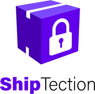 A purple 3D box with white tape on the top and front, featuring a white padlock symbol to suggest security. Below the box, "ShipTection Shipping Protection" is displayed, with "Ship" in purple and "Tection Shipping Protection" in black, representing advanced shipping insurance for ultimate shipment protection.