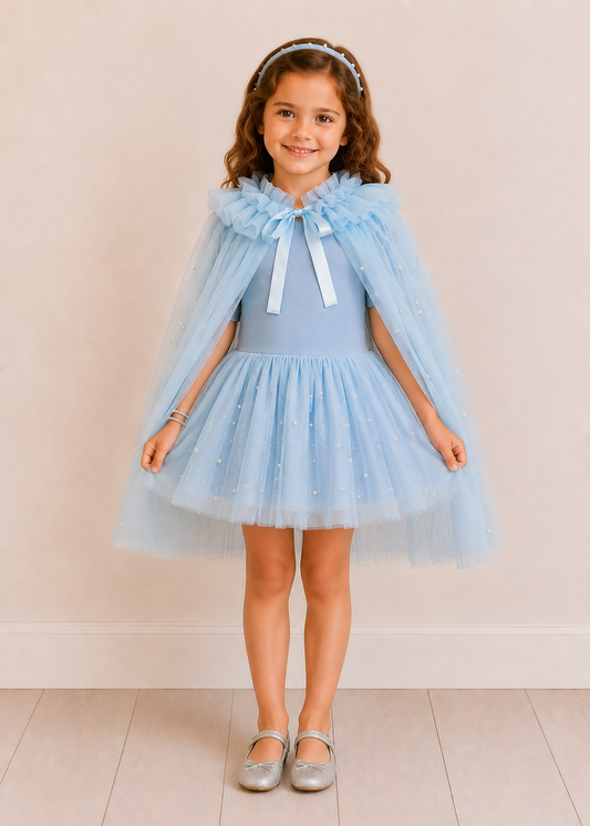 Size 5 - Archive Sample - Pastel Blue Tulle Dress with Pearl Embellished Skirt