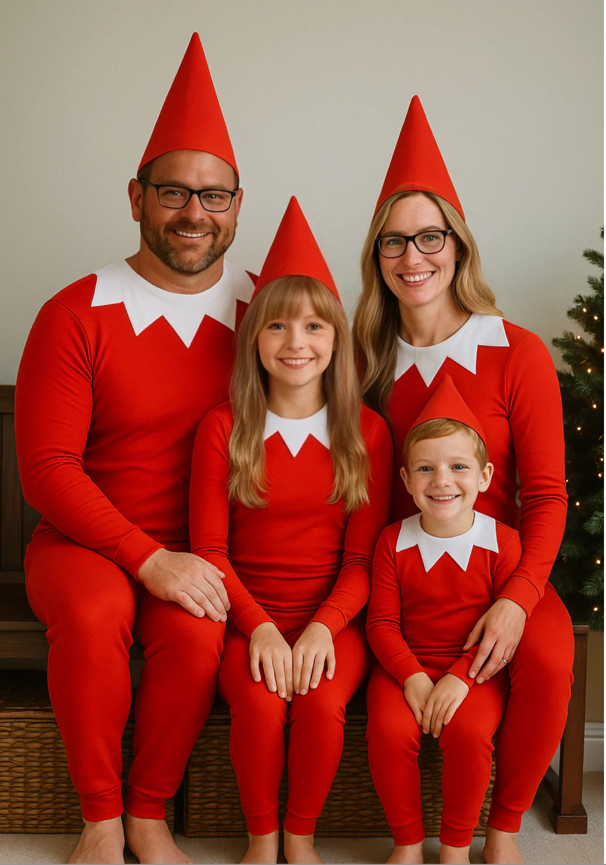 Family in matching red outfits with pointed hats, sitting together.