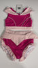  The Sleeping Beauty swim set has a pink collar that resembles a ballgown.  The top has light pink piping and trim.  The modest bottoms have a pink overlay and ruffles on the legs. 